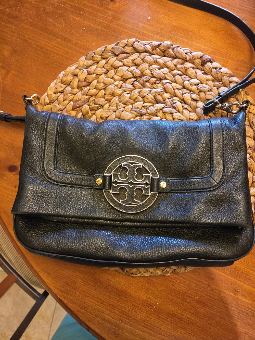 Tory Burch Black Pebbled Leather Logo Fold-Over Crossbody